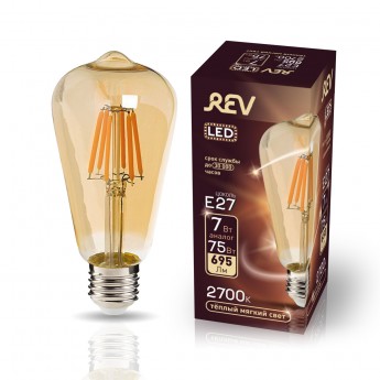 Лампа светодиодная REV VINTAGE Filament ST64 E27 7W, 2700K, DECO Premium, теплый свет