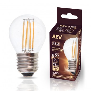 Лампа светодиодная REV FILAMENT шарик G45 E27 7W, 2700K, DECO Premium, теплый свет