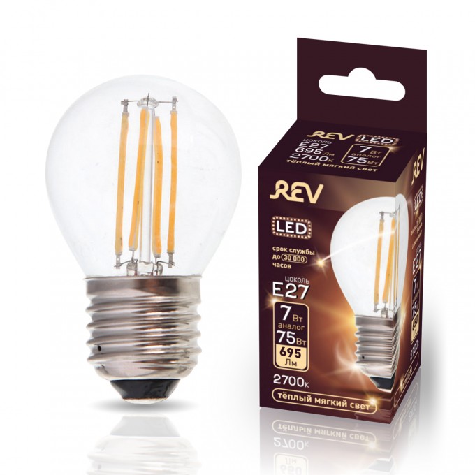 Лампа светодиодная REV FILAMENT шарик G45 E27 7W, 2700K, DECO Premium, теплый свет 32443 0