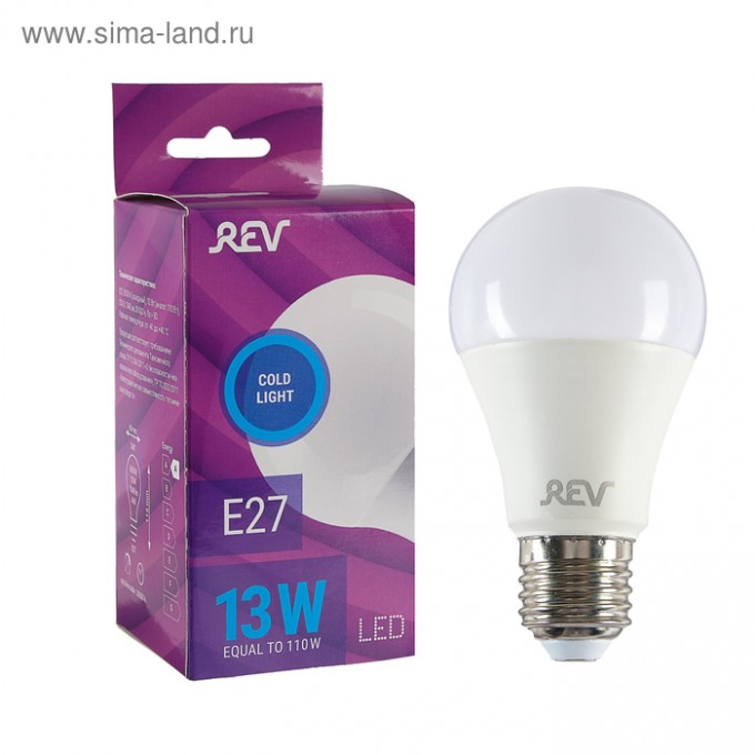 Лампа светодиодная REV LED, Е27, A60, 13 Вт, 6500 K, дневной свет 4652656