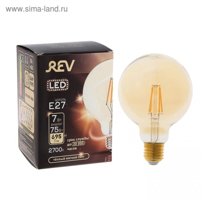 Лампа светодиодная REV LED FILAMENT VINTAGE, G95, E27, 7 Вт, 2700 K, шар, теплый свет 4652664